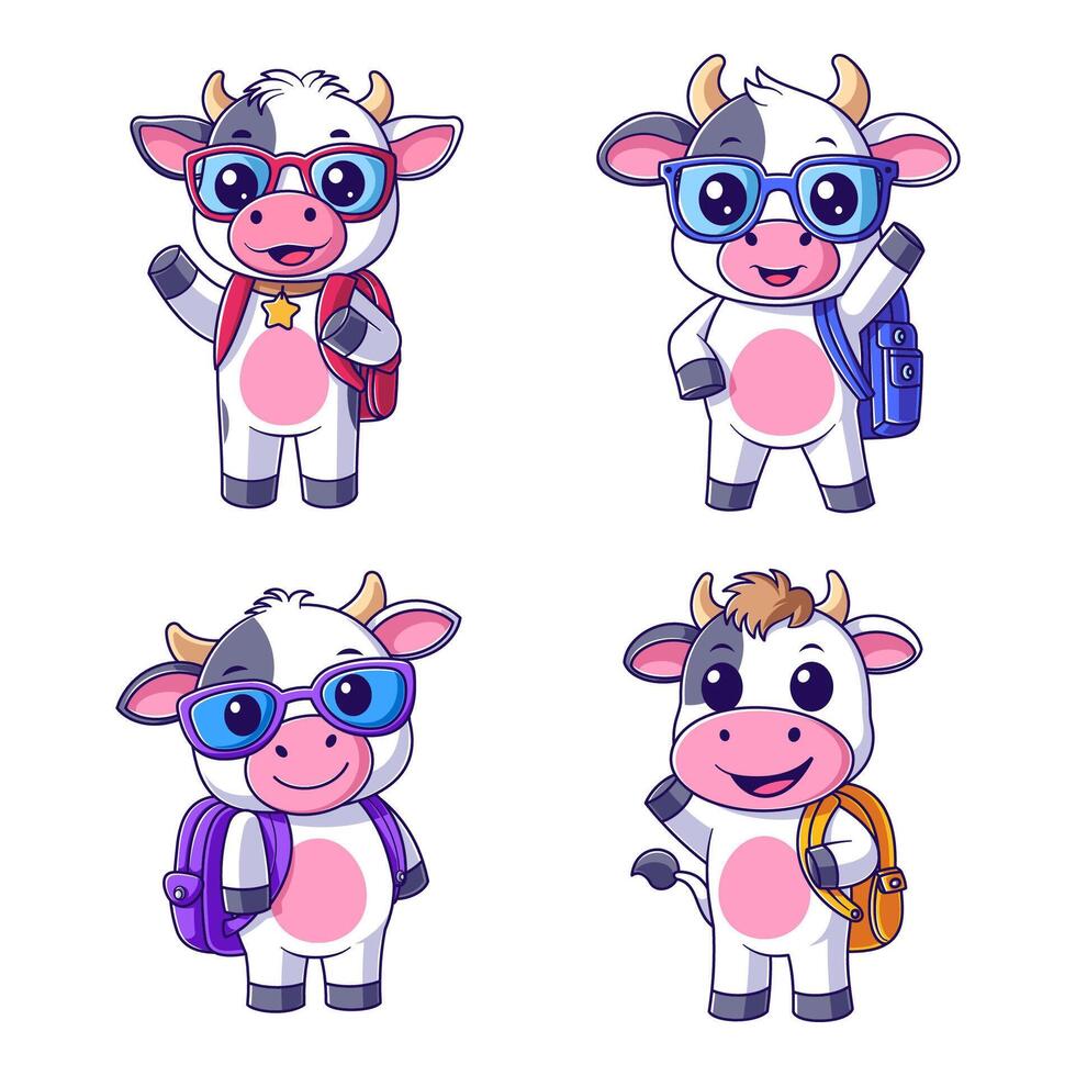 Cute cow carrying a backpack set vector
