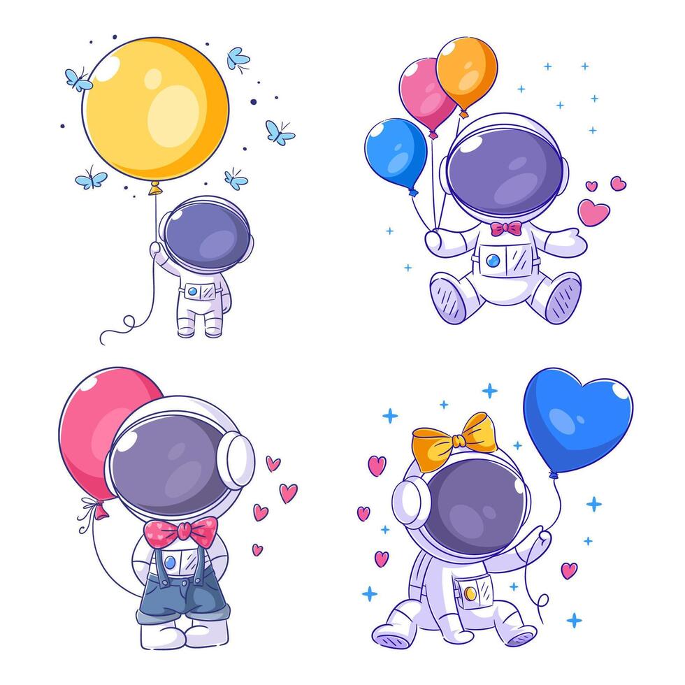 Cute astronaut and balloons cartoon style set vector