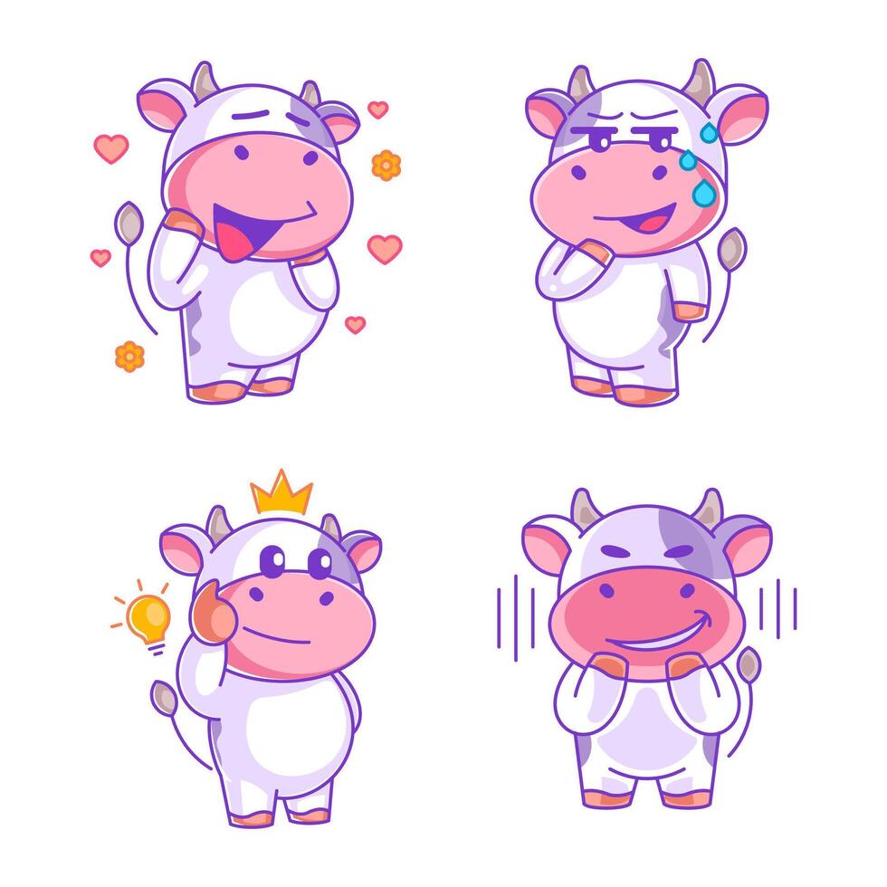 Cow feeling suspicious in cartoon style set vector