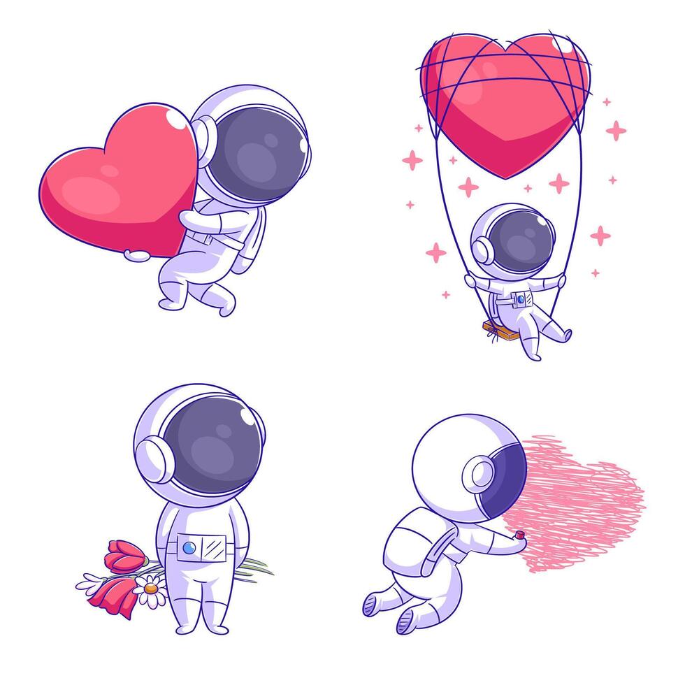 Cute astronaut with love, cartoon style set vector