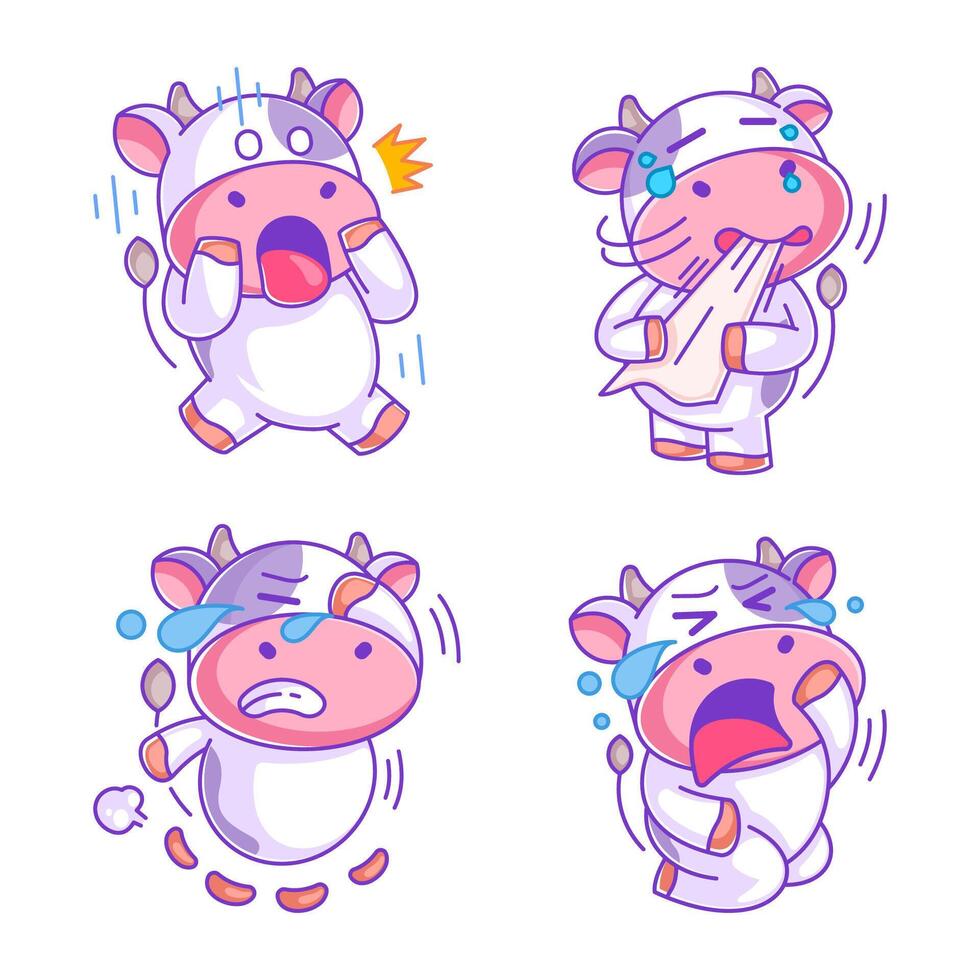 Cow crying cartoon style set vector