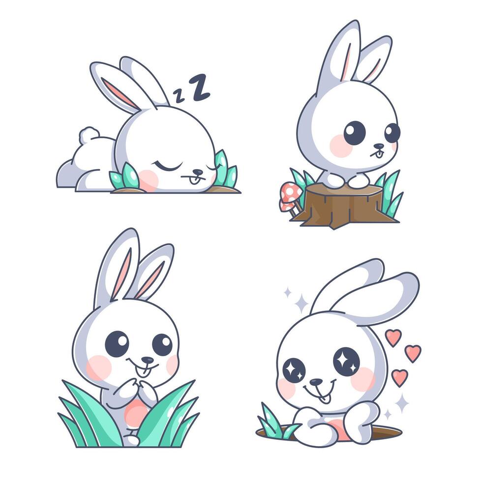 Cute bunny grazing, cartoon style set vector