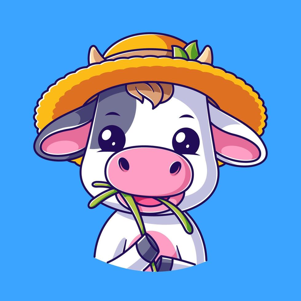 Cute cow wearing a straw hat while eating grass vector