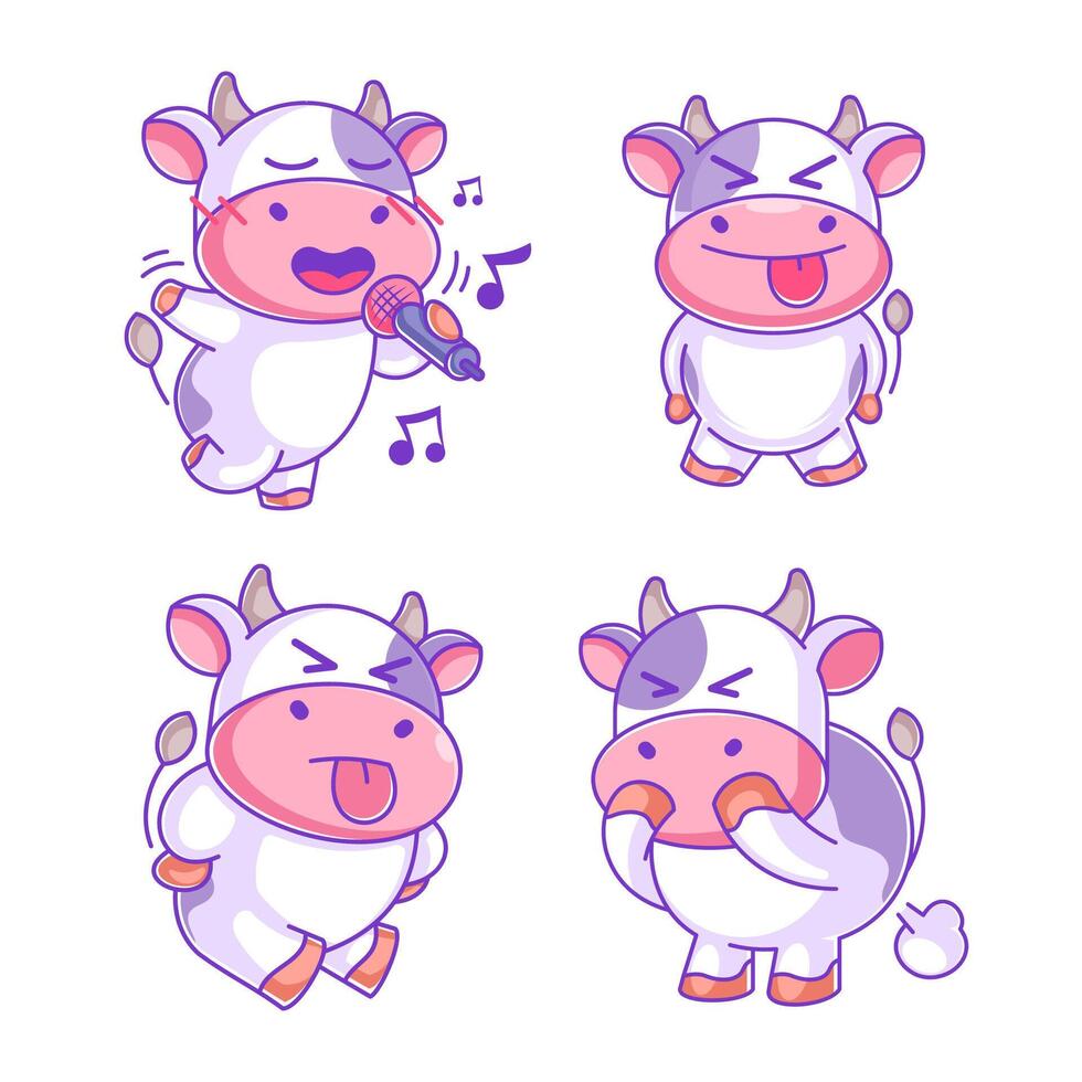 Cow singing in cartoon style set vector