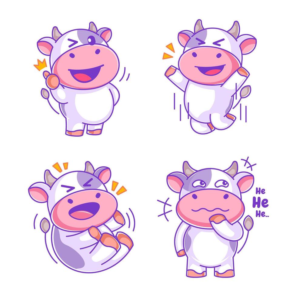 Cow feeling happy in cartoon style set vector