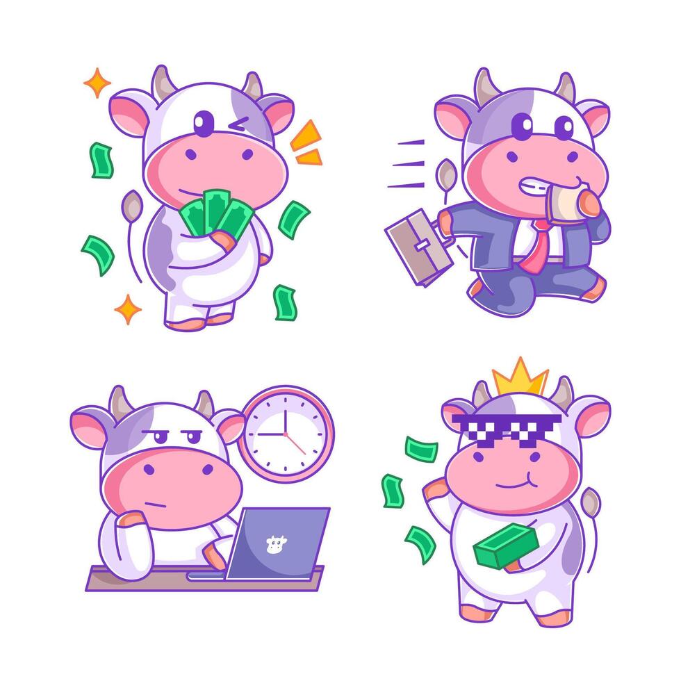 Cow working enthusiastically in cartoon style set vector