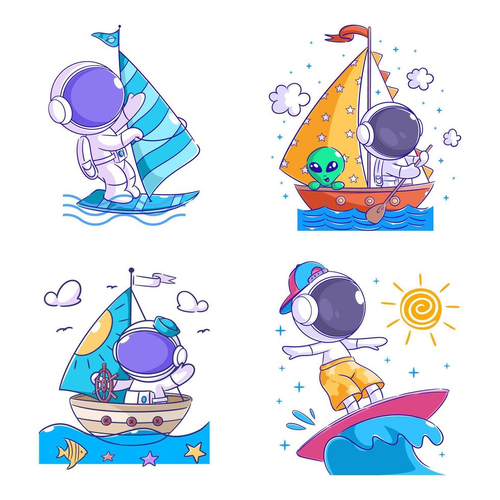 Cute astronaut and ship in cartoon style set vector