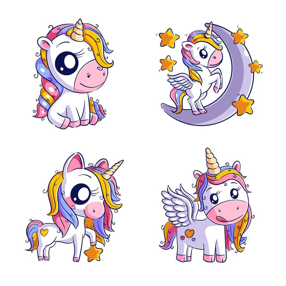 linda unicornio con estrellas, mano dibujado estilo conjunto vector