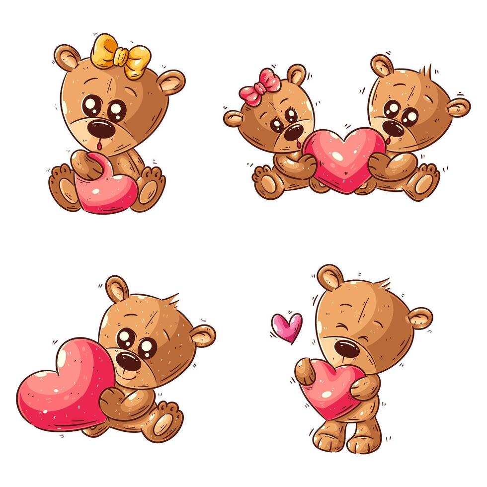 Cute bear with heart, hand drawn style set vector