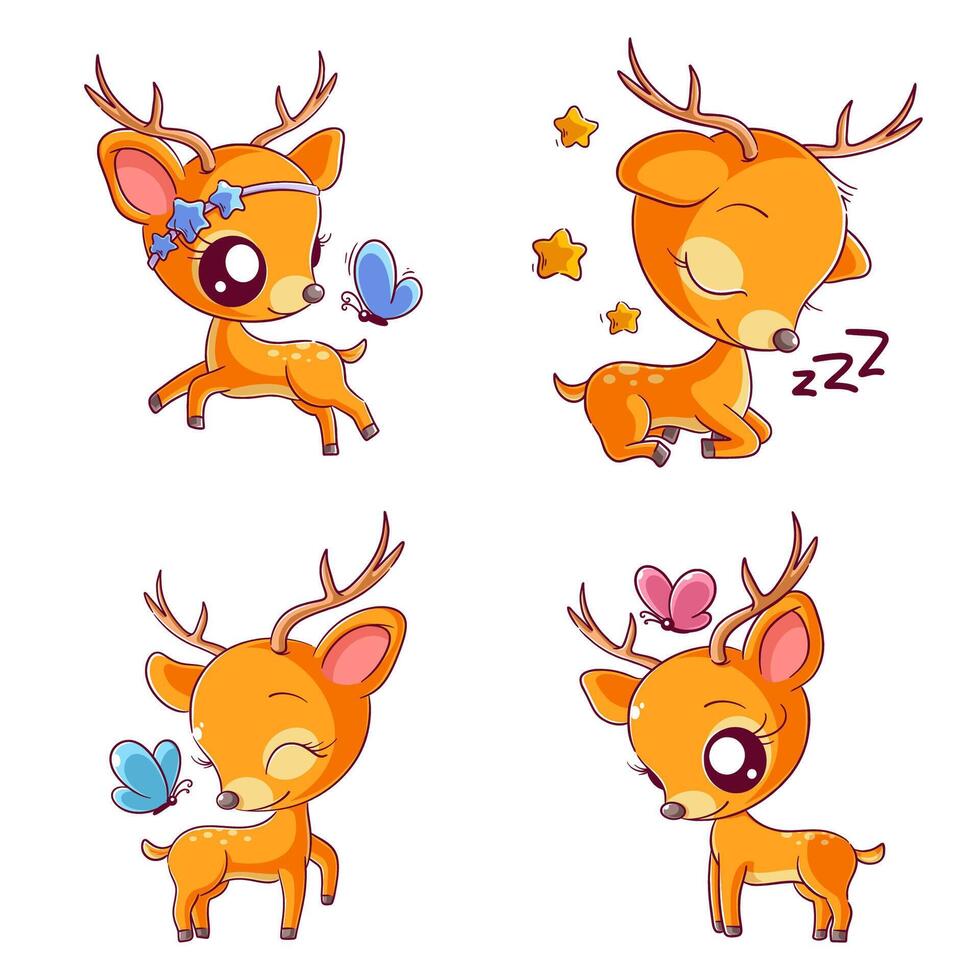 Cute deer, hand drawn style set vector