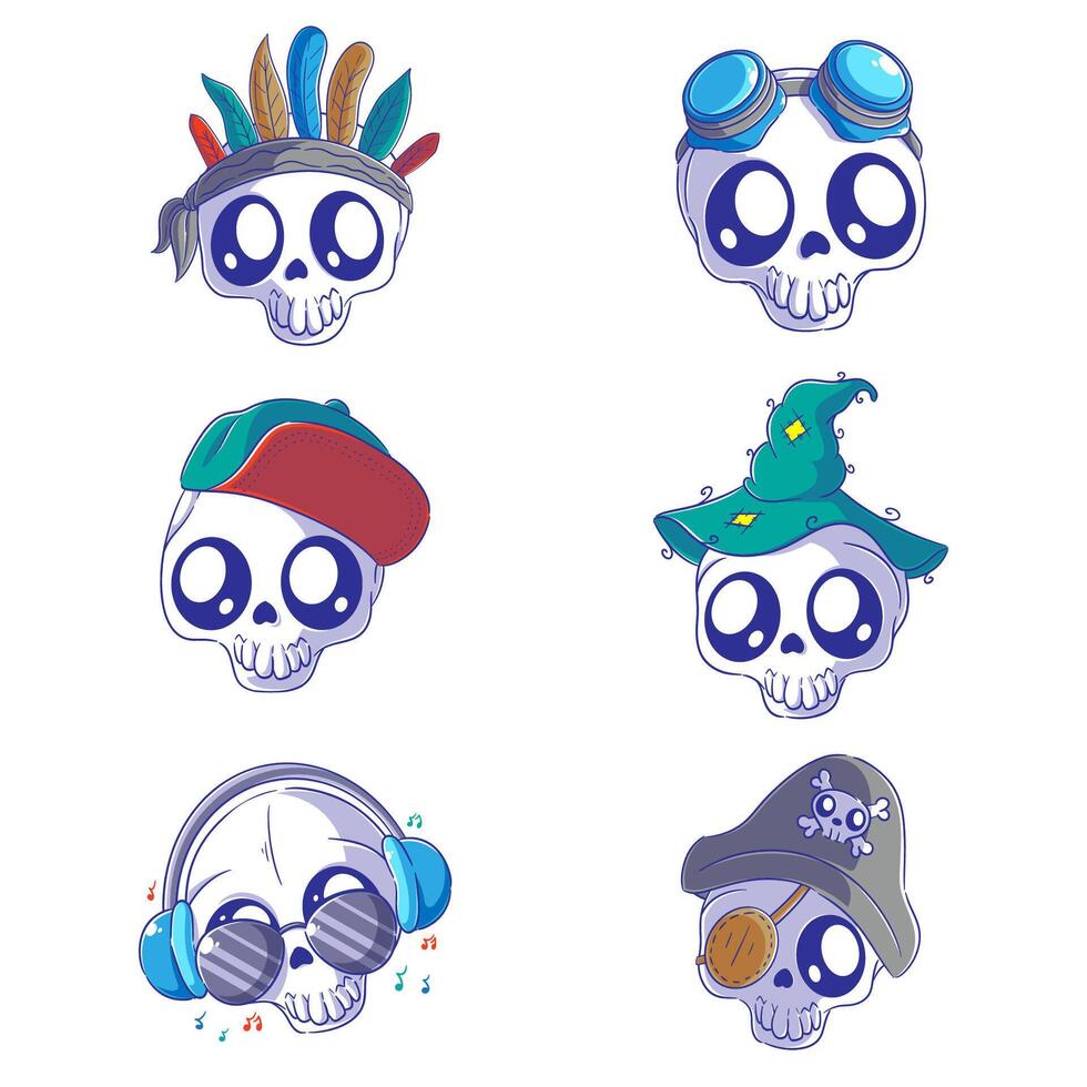 Cute skull, hand drawn style set vector
