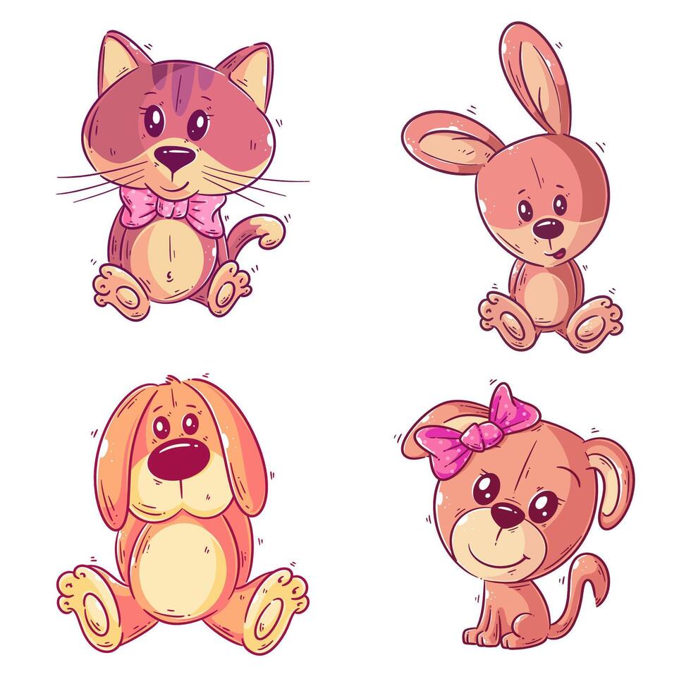 Cute dog, cat, and rabbit, hand drawn style set vector