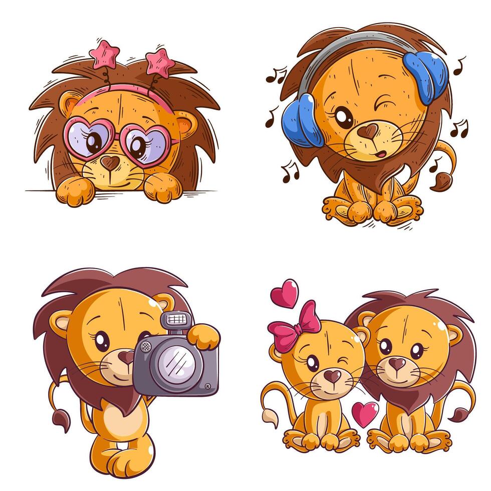 Cute lion taking photo, hand drawn style set vector