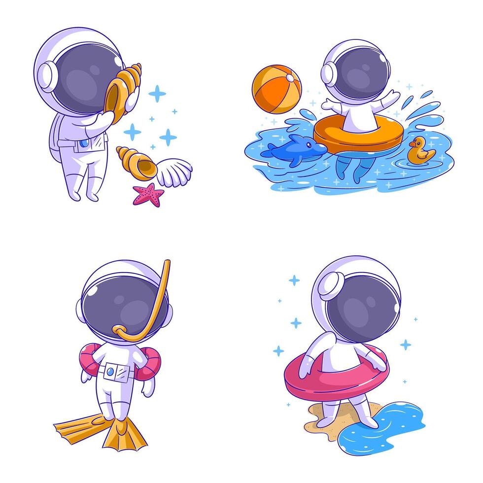 linda astronauta en el playa, dibujos animados estilo conjunto vector