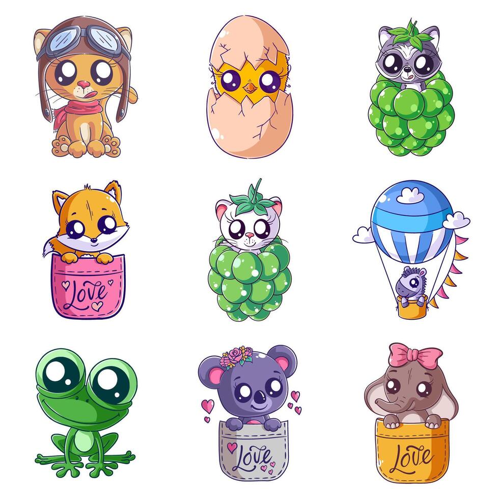 Cute animals with accessories, hand drawn style set vector