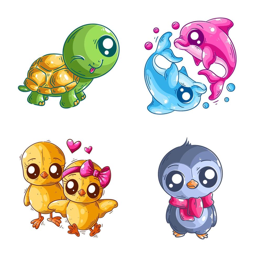 Cute turtles, dolphins, chicks and penguins, hand drawn style set vector