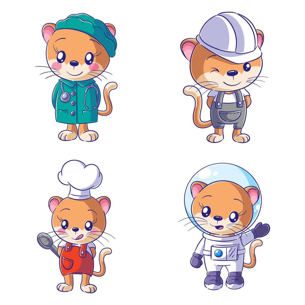 Cute cat in worker clothes, hand drawn style set vector