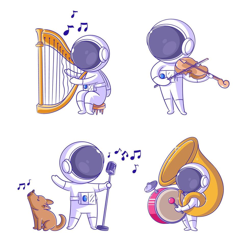 Cute astronaut singing, cartoon style set vector