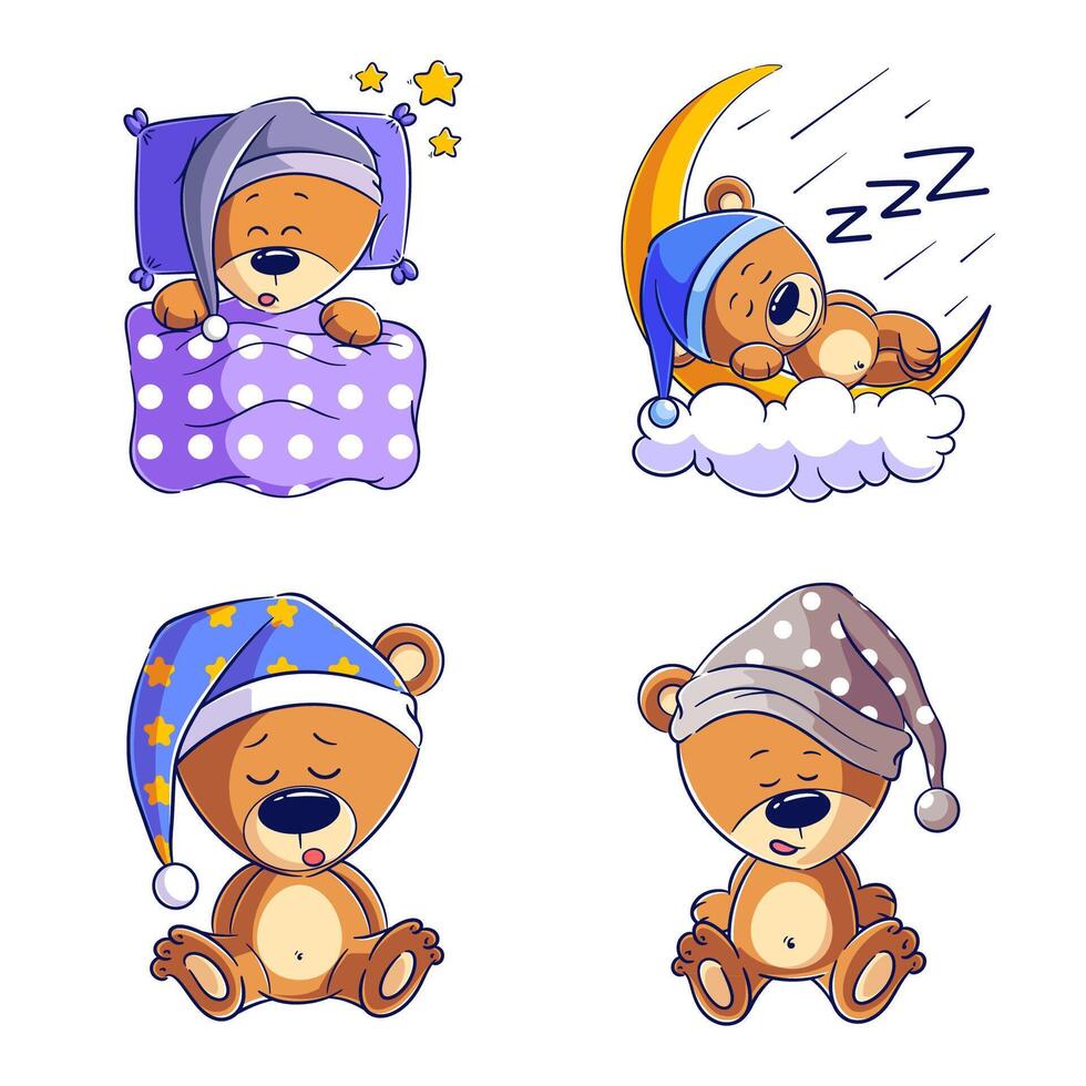 Cute bear sleeping, hand drawn style set vector