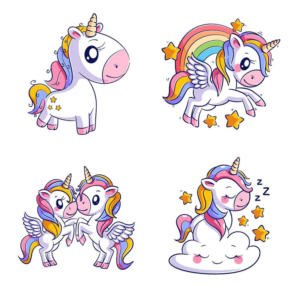 Cute happy unicorn, hand drawn style set vector