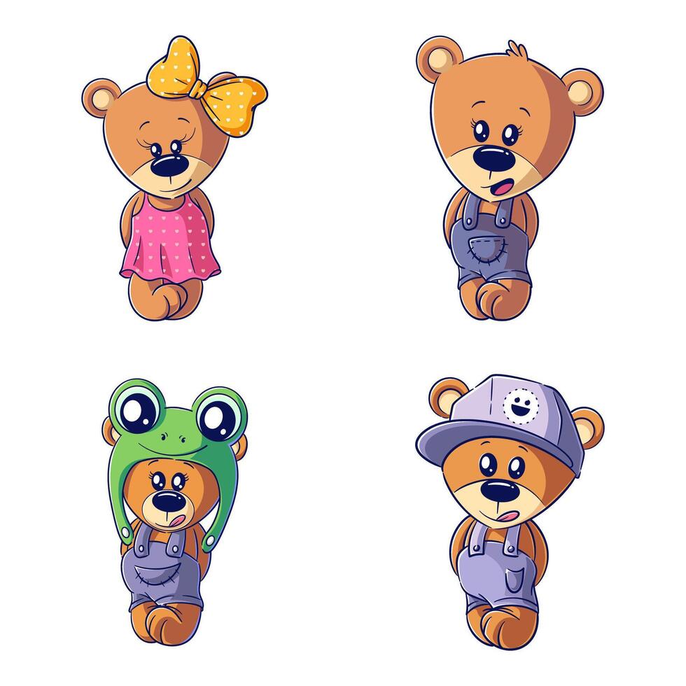 Cute bear with clothes, hand drawn style set vector
