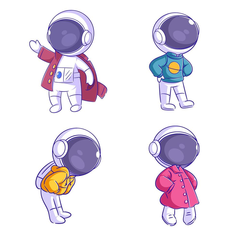 Cute astronaut wearing a jacket, cartoon style set vector