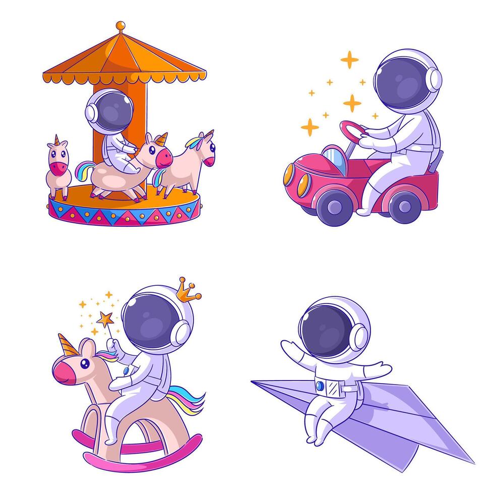 Cute astronauts have fun playing, cartoon style set vector
