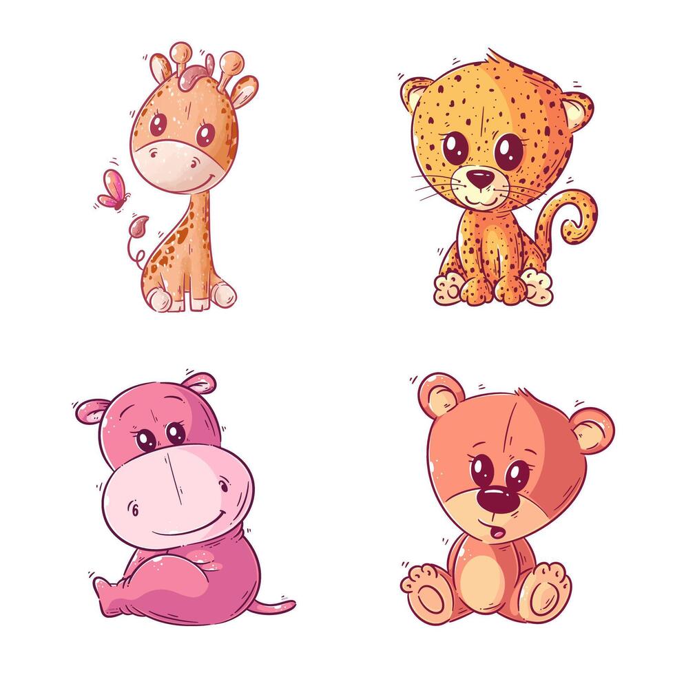 Cute giraffe, leopard, hippo and bear, hand drawn style set vector