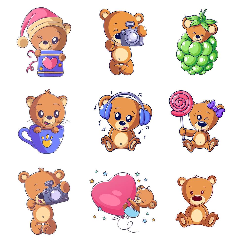 Cute bear with accessories, hand drawn style set vector