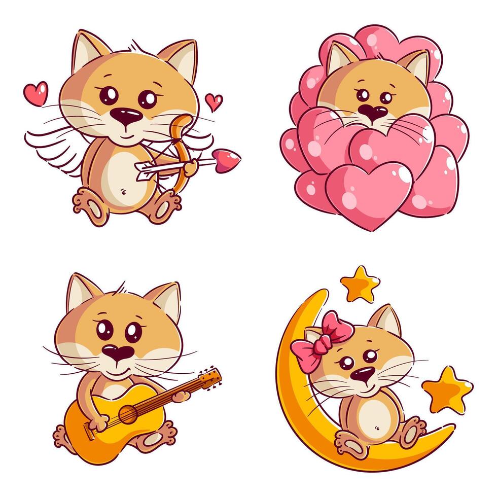 Cute cat with heart, hand drawn style set vector