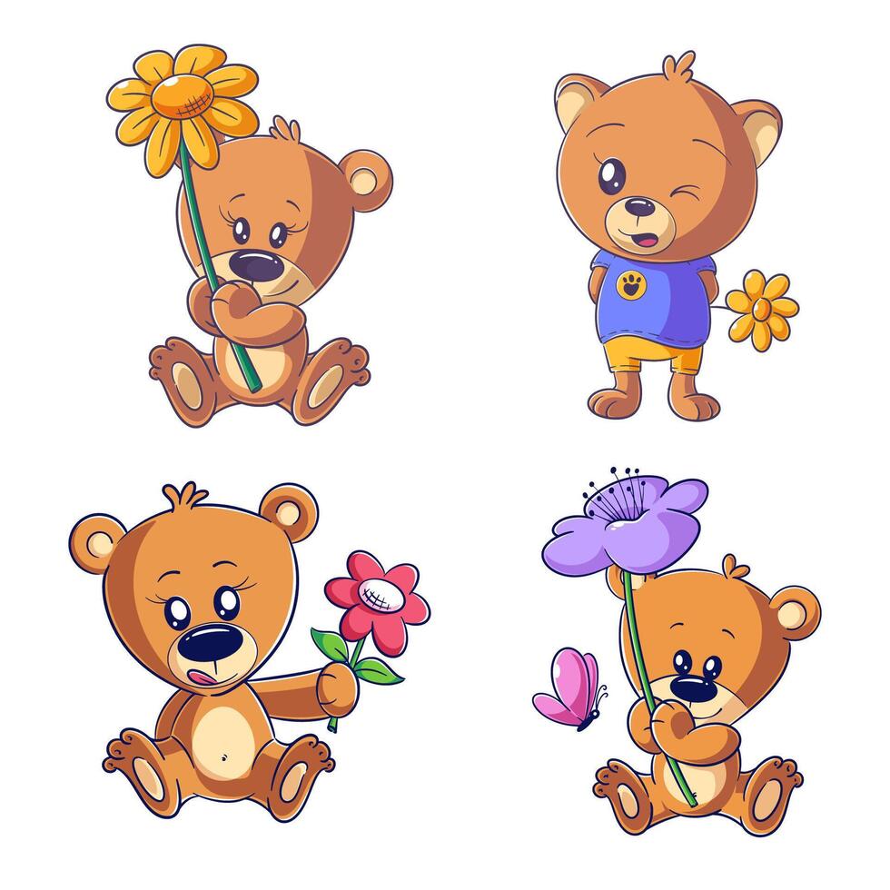 Cute bear with flowers, hand drawn style set vector