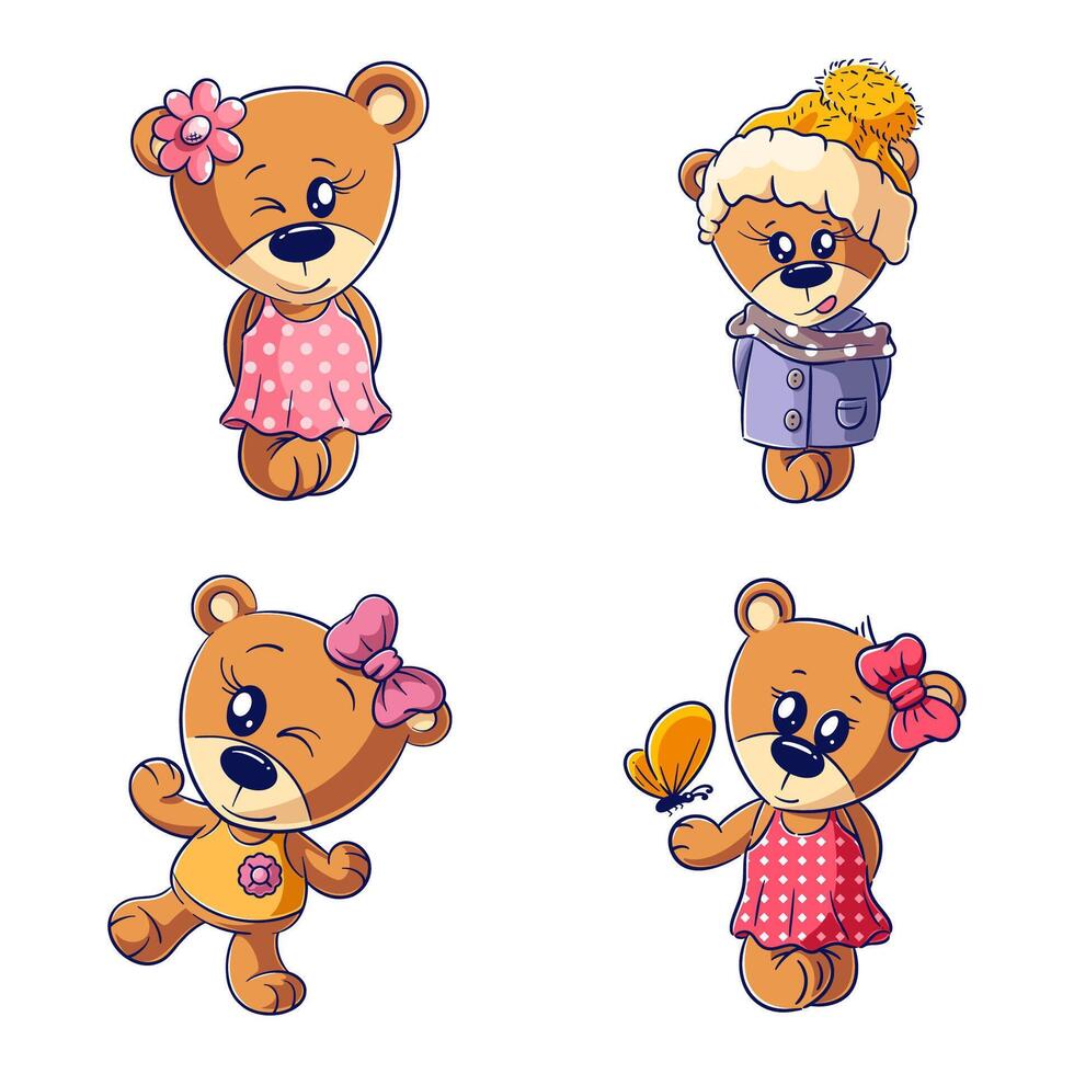 Cute bear feeling happy, hand drawn style set vector