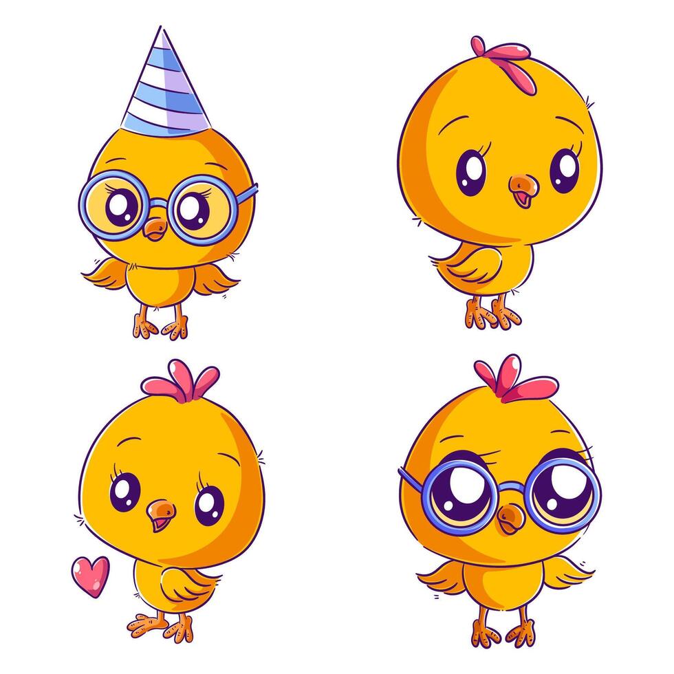 Cute chicks with hearts, hand drawn style set vector