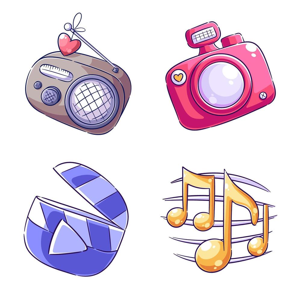 Radio, camera, play, and music notes design, hand drawn style set vector