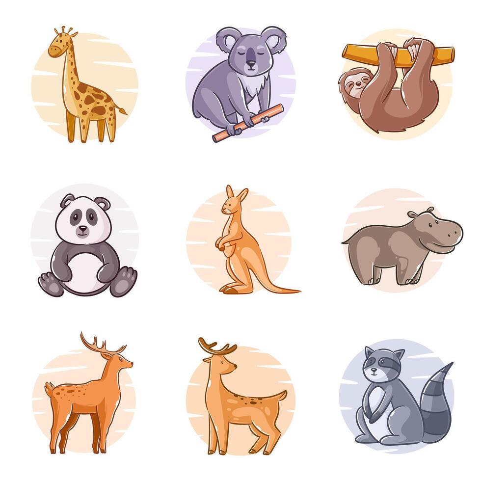 Cute animals, hand drawn style set vector