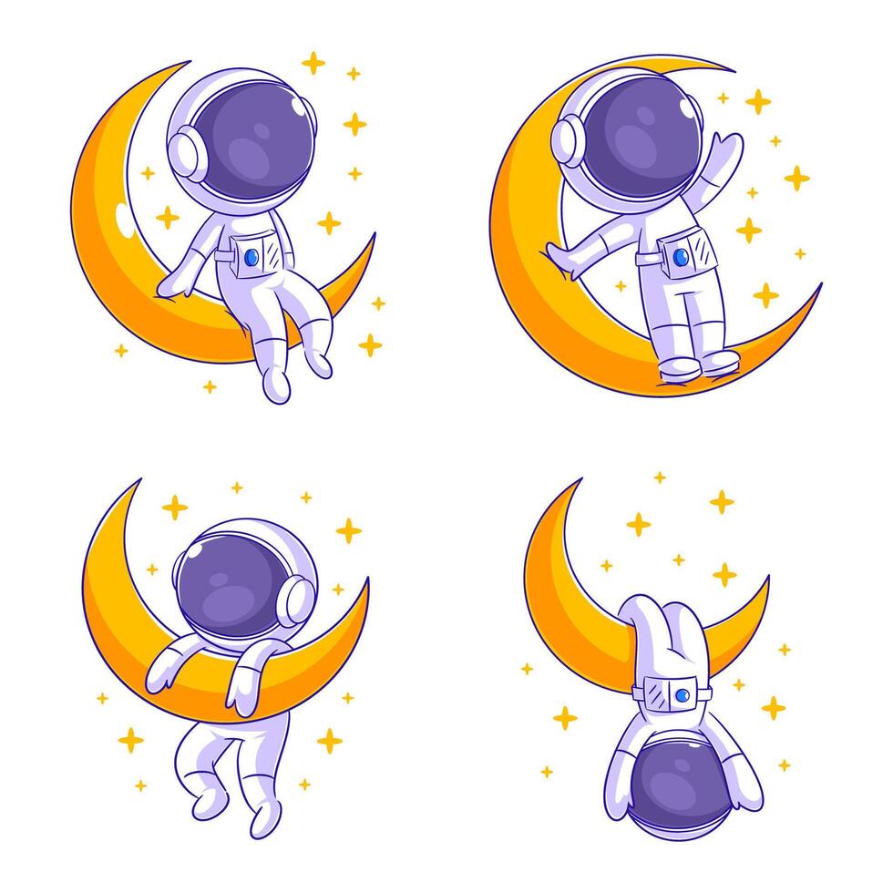 Cute astronaut playing on the moon, cartoon style set vector