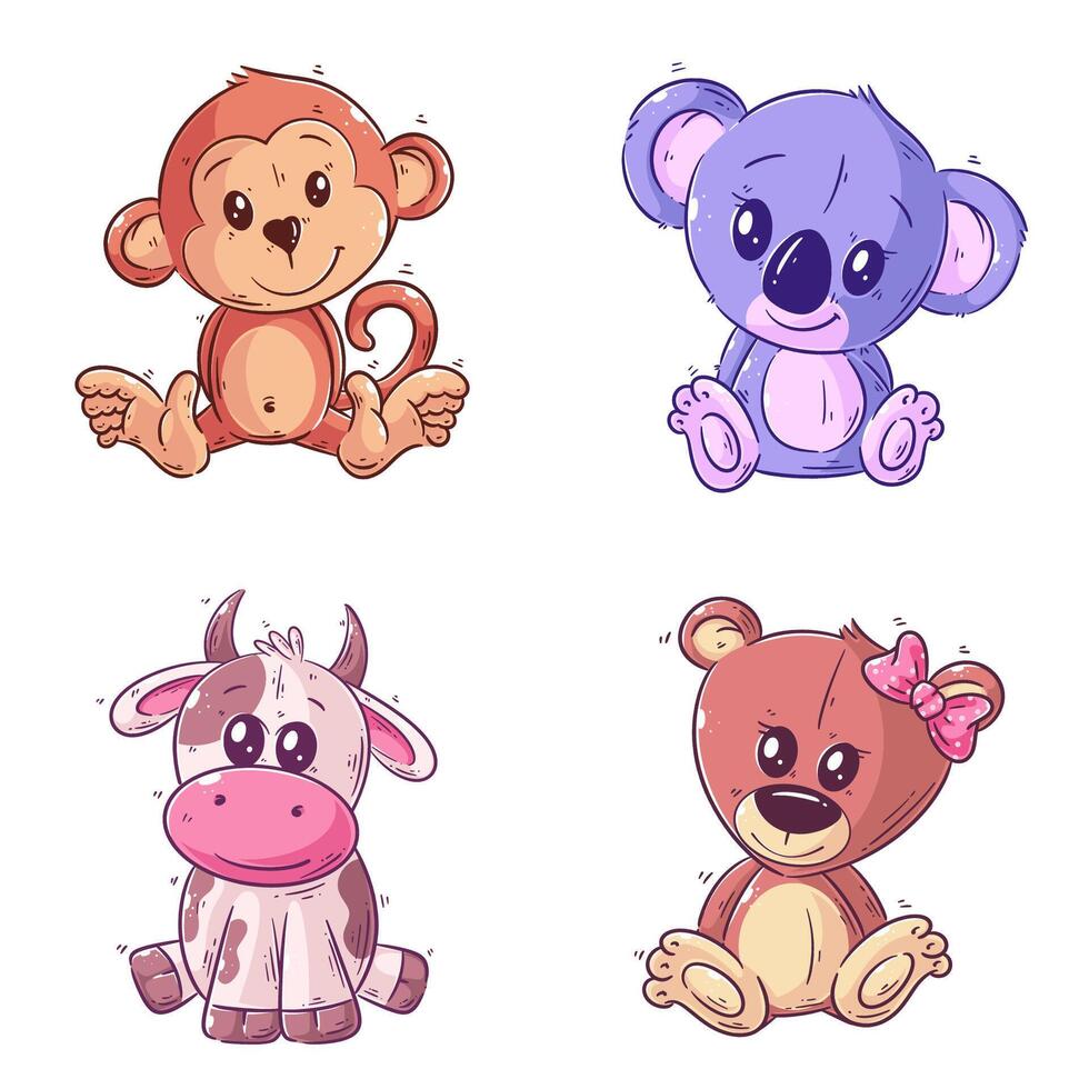 linda mono, vaca, coala y oso, mano dibujado estilo conjunto vector