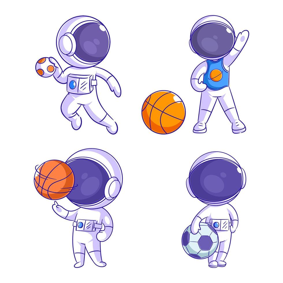 Cute astronaut carrying a ball, cartoon style set vector