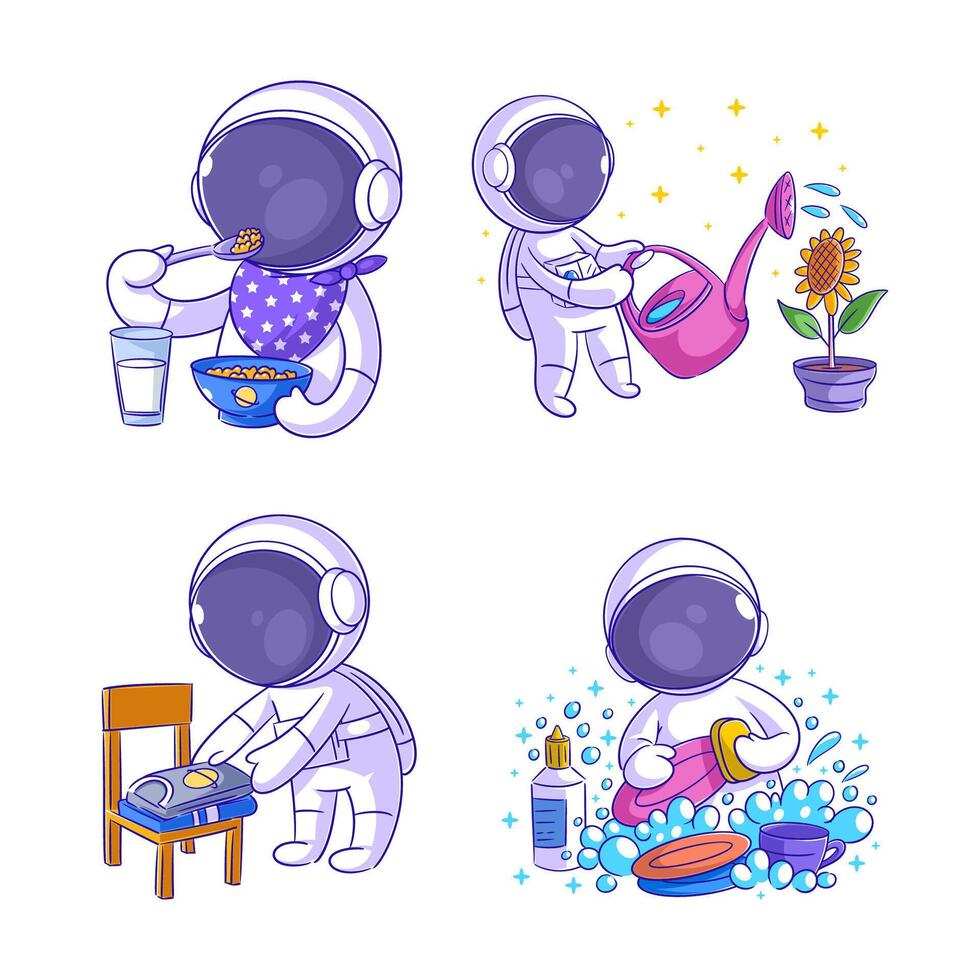 Cute astronaut doing routine activities, cartoon style set vector