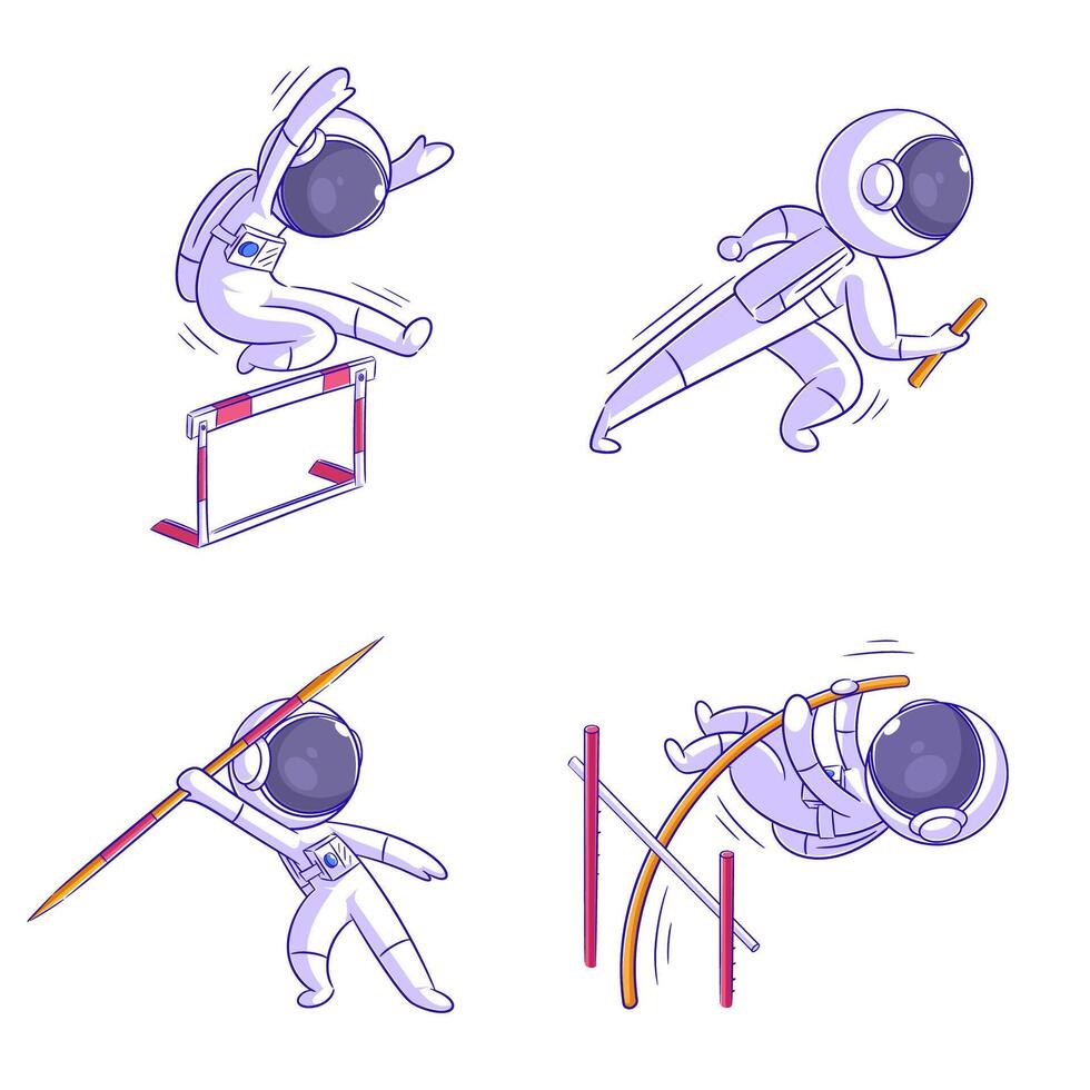 Cute astronaut taking part in a sports event, cartoon style set vector