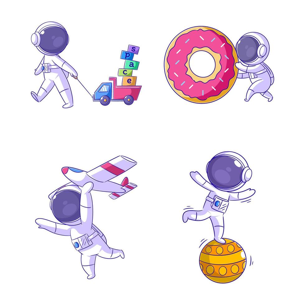 Cute astronaut playing with his toys, cartoon style set vector