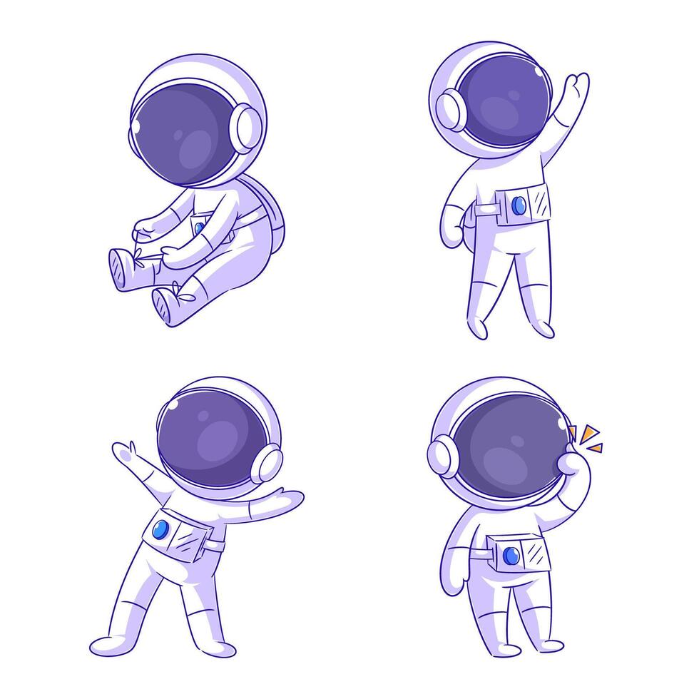 Cute astronaut preparing for activities, cartoon style set vector