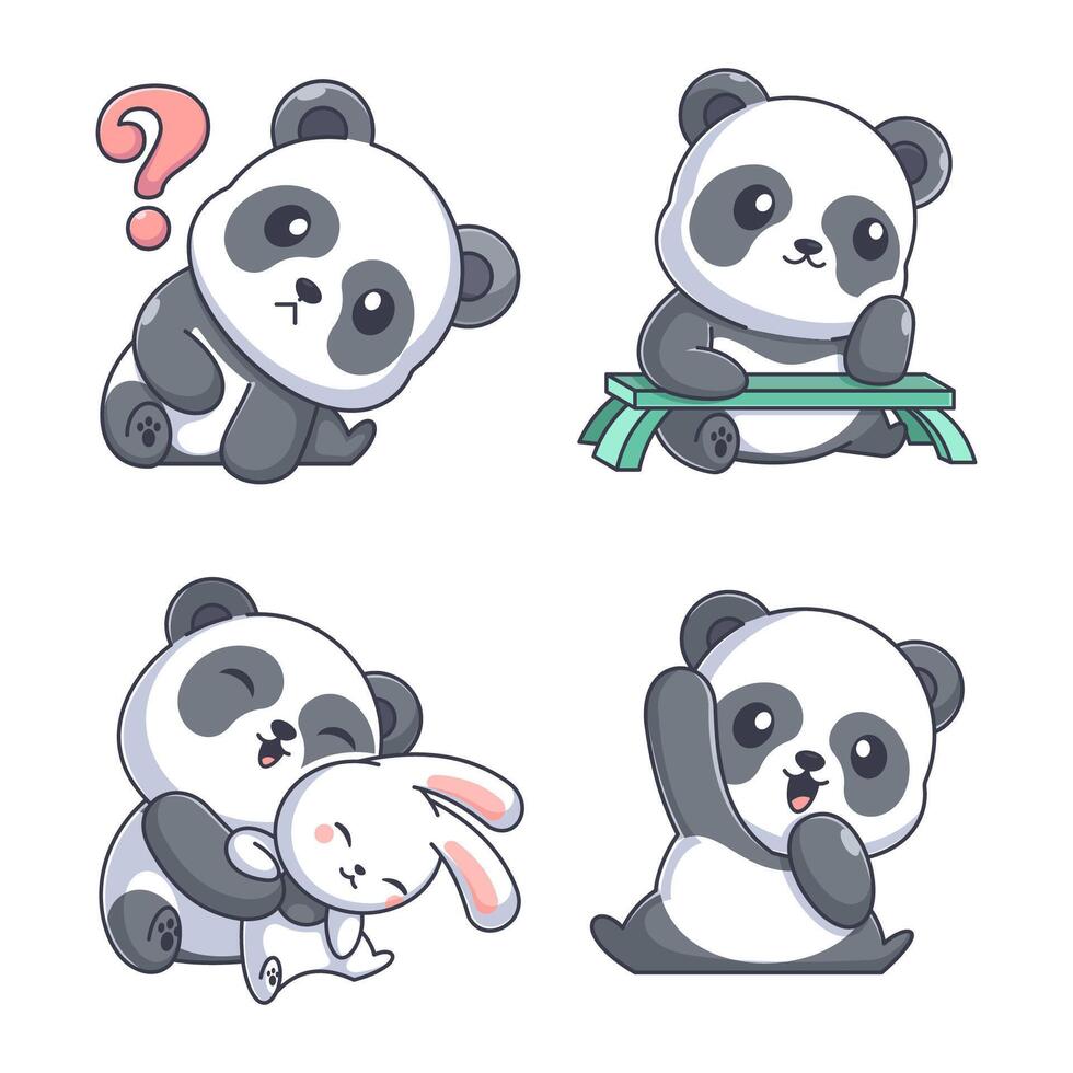 linda panda con amigos dibujos animados estilo conjunto vector
