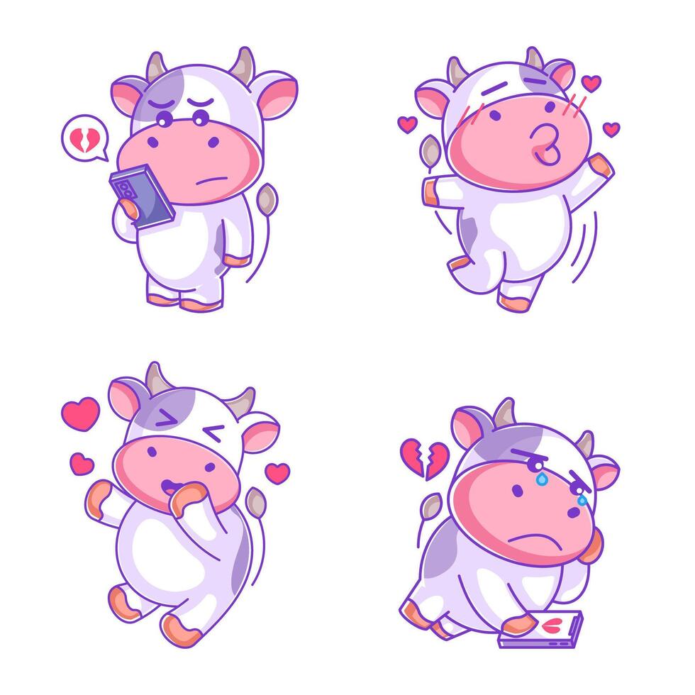 Cow feeling in love cartoon style set vector