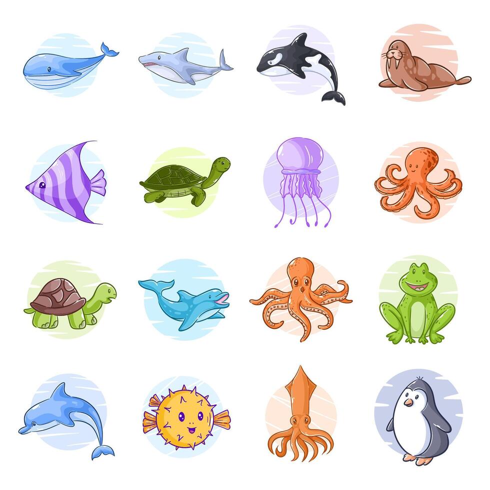 Cute marine life, hand drawn style set vector