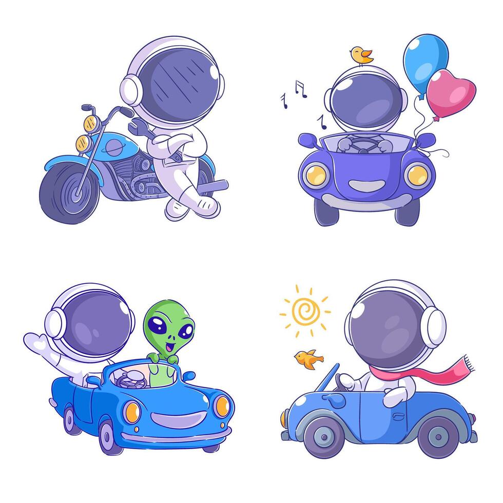 linda astronauta y vehículo dibujos animados estilo conjunto vector