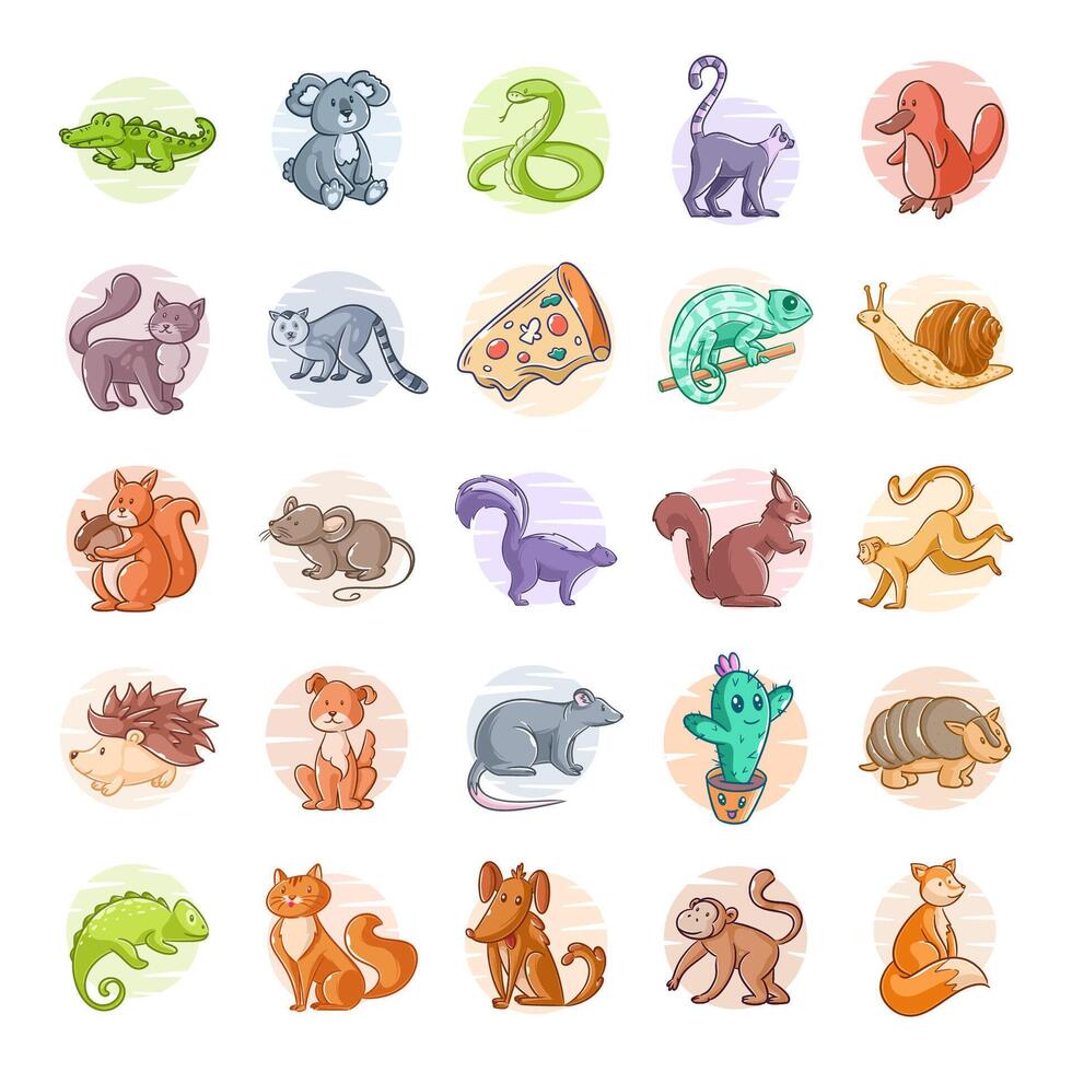 Cute wild animal design, hand drawn style set vector