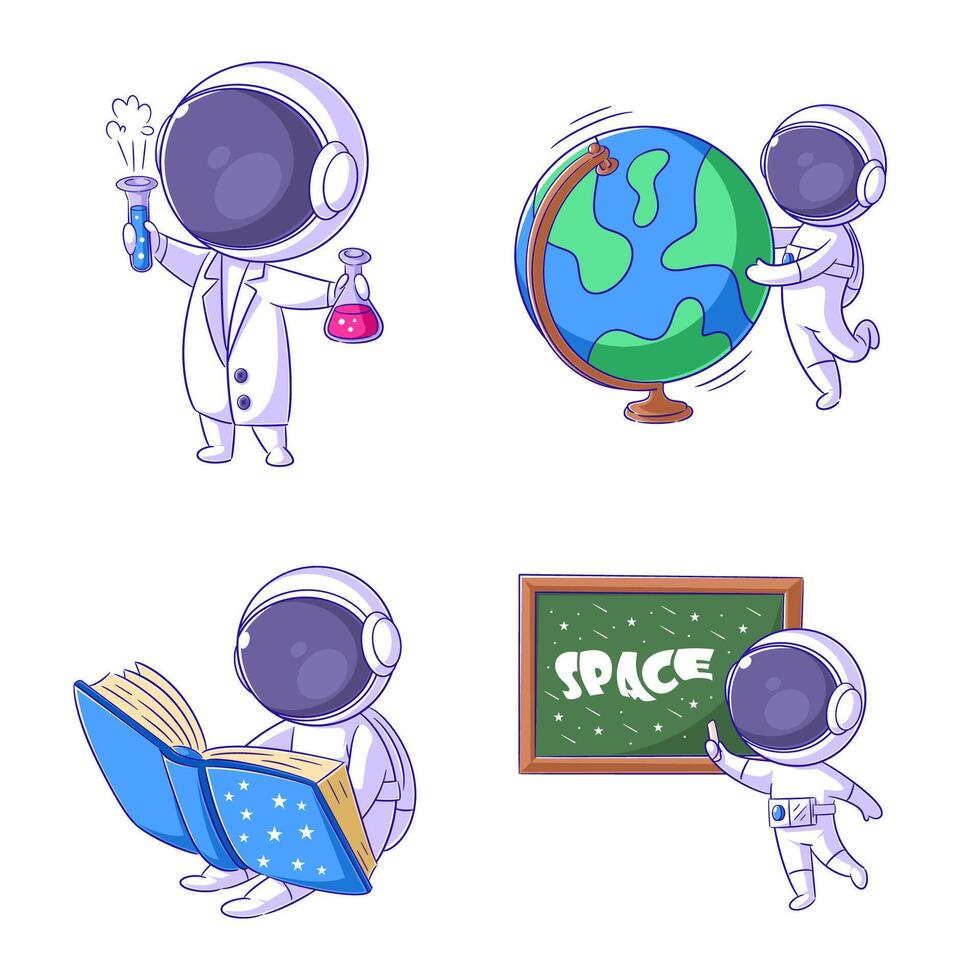 linda astronauta estudiando, dibujos animados estilo conjunto vector