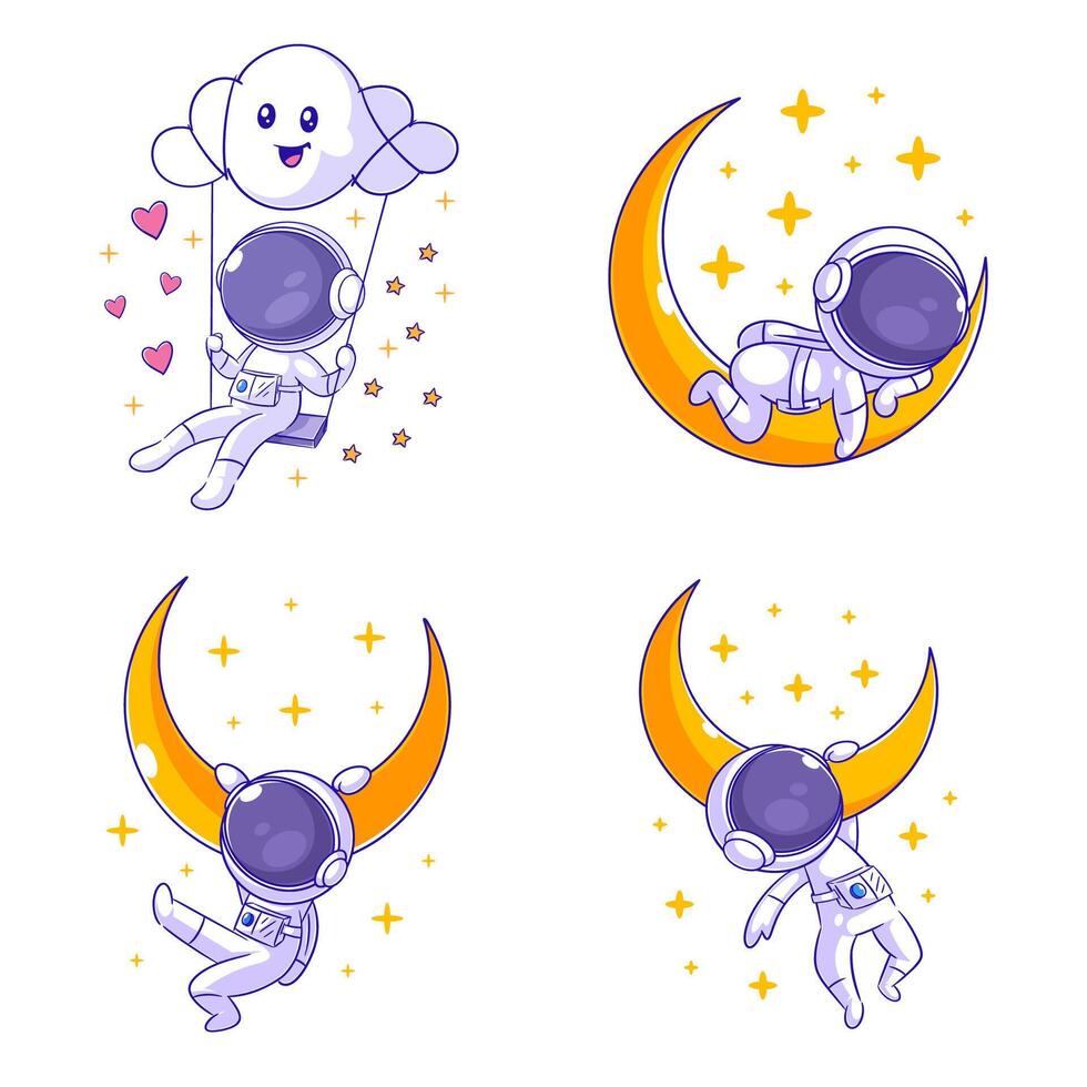 linda astronauta colgando desde el luna, dibujos animados estilo conjunto vector