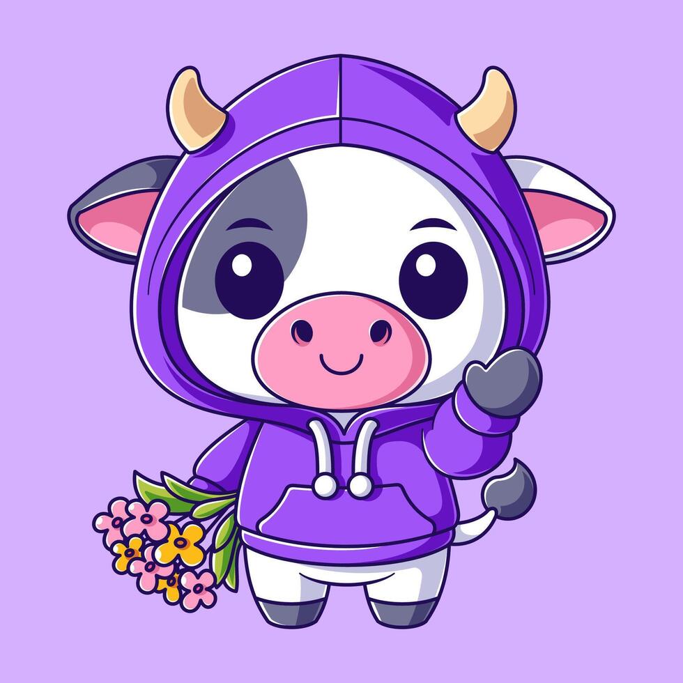 Cute cow wearing a hoodie and carrying a bunch of flowers vector